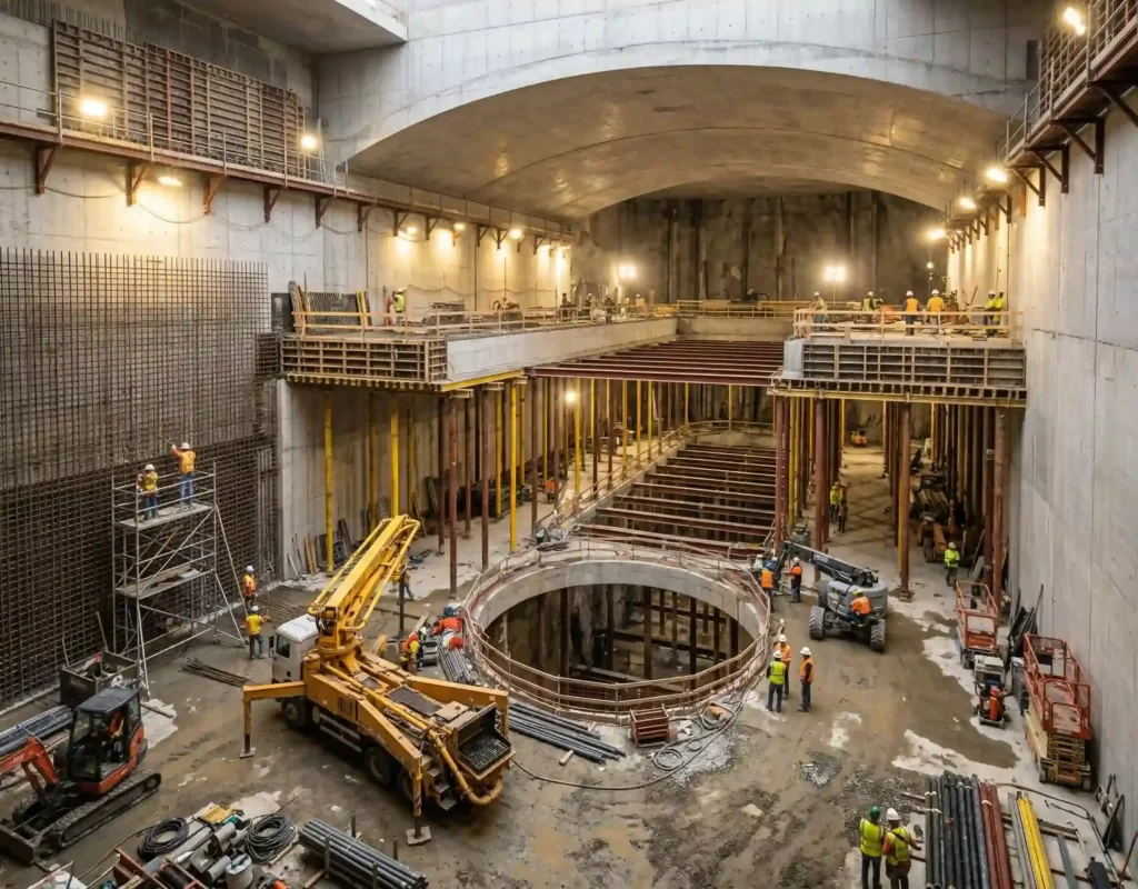 Wide-angle interior of a large underground